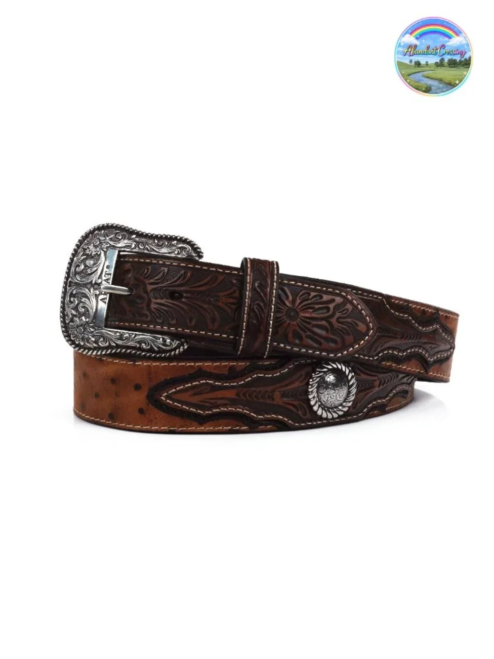Faux Ostrich Leather Belt with Floral Emboss and Silver Conchos - Size 38